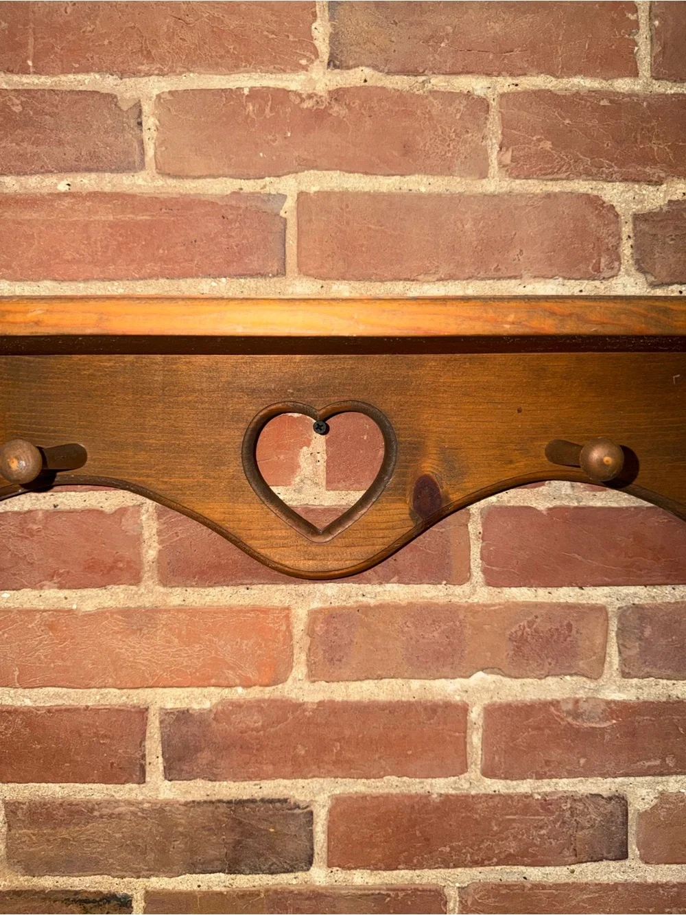 Heart Cutout Wooden Wall Shelf in Brown - Classic Rustic Farmhouse Coat Hanger